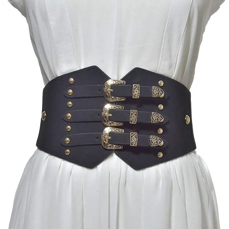 

2021 autumn and winter new women's waist seal retro pattern buckle head imitation leather elastic wide belt wholesale