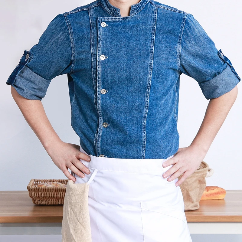 Neutral Blue Denim Chef Jacket Restaurant Catering Uniform Food Service Cook Coat Kitchen Work Shirt | Тематическая одежда и