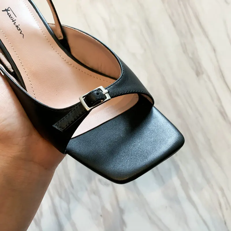 

Genuine Leather 7cm Thin Heels Sandals Woman Fashion Ladies Party Work Shoes Black White