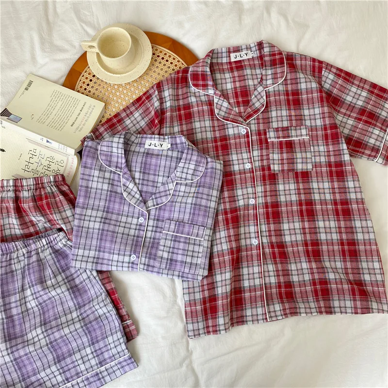 

CBAFU casual summer couple pajama set women home suit plaid 2 piece set homewear elastic waist shorts sleepwear tops shirts M860
