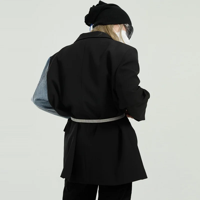 

Aolamegs Denim Patchwork Men's Jacket Korean Style Blazer Suits Women's Spring Loose Jackets Male Fashion Casual Harajuku Coats