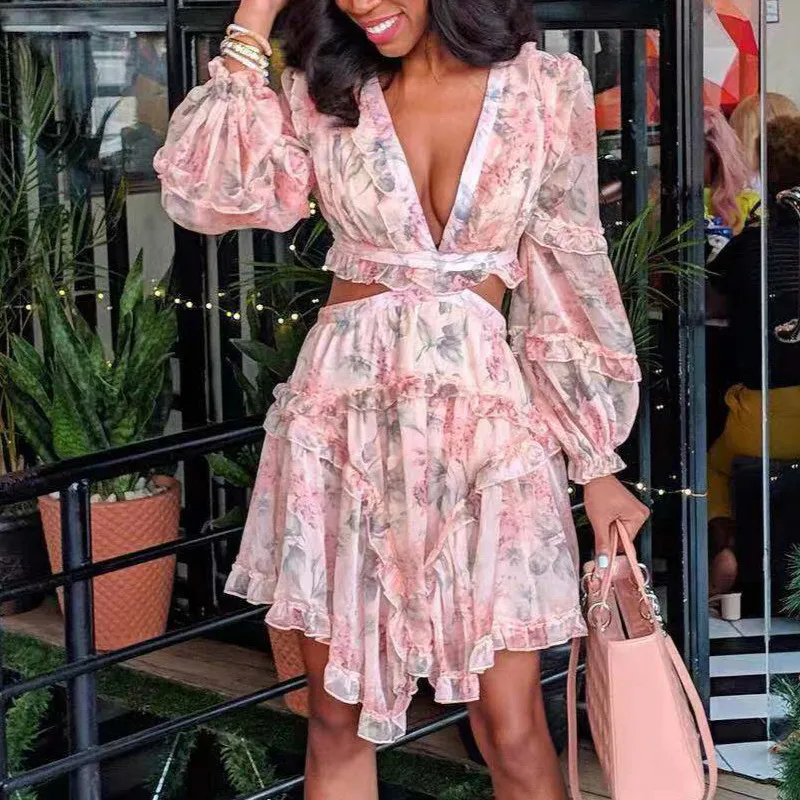 Сезон: весна лето с длинным рукавом шифоновое сексуальное платье глубоким v