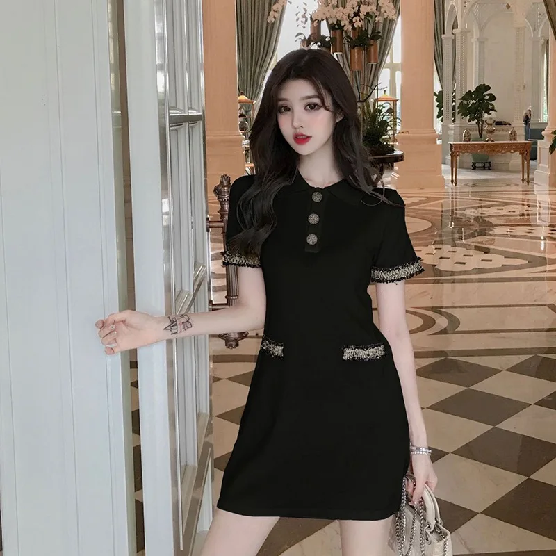 

Women Dress Lapel Patchwork Button Sweet Sexy French Style Elegant Solid Color Short Sleeve Dress Clothing S1