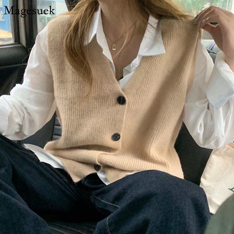 Women Autumn Winter 2021 Sleeveless Waistcoat Knitted Cardigan Sweater Vest Solid Knit Cardigans Loose Cashmere Tops 16658 |