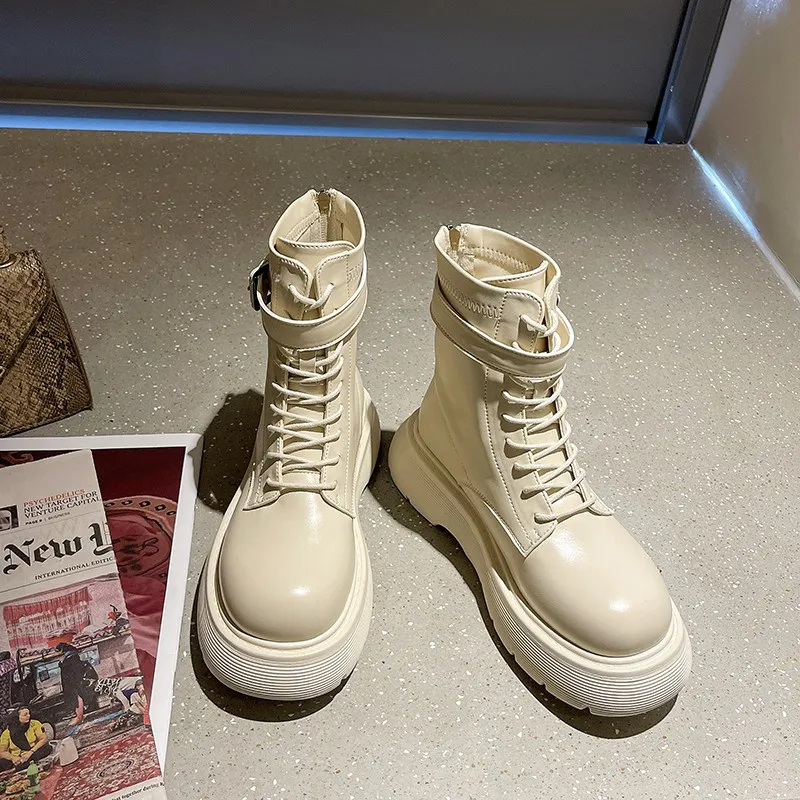 2022 winter new women's sports ankle boots thick-soled motorcycle boots flat shoes fashion lace-up casual PU leather shoes