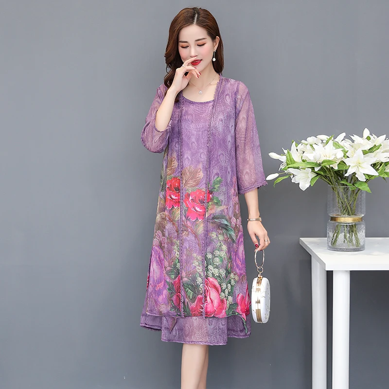 

two 2020 new set pieces summer Silk Zou floral print vintage plus size loose women Long purple Casual elegant dress