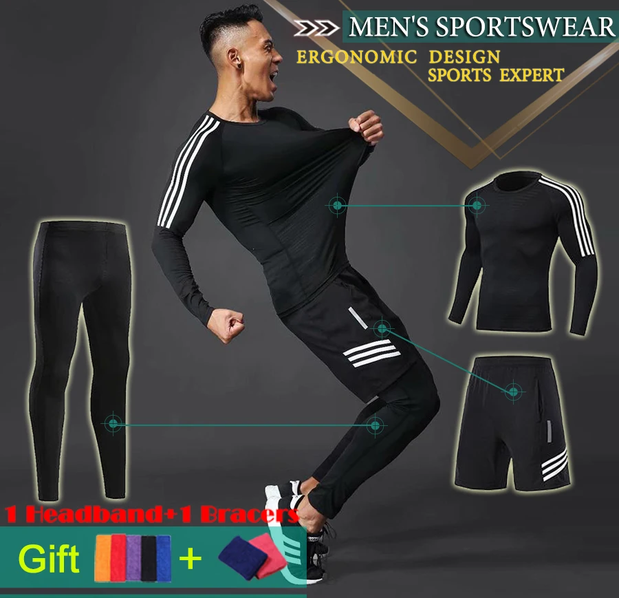 Мужская спортивная компрессионная футболка для бега комплект со штанами набор
