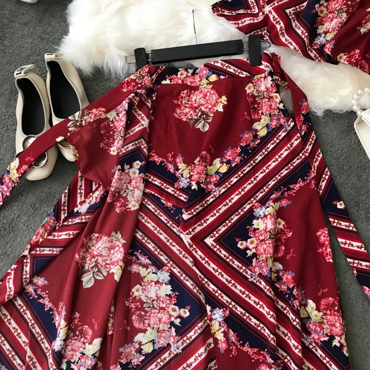 Women Vintage Two Piece Sets New 2020 Summer Off The Shoulder Ctop Tops + Bandage Long Skirts Woman Beach Clothes Red Outfit | Женская