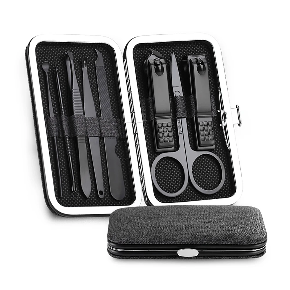 8pcs black 8 шт./компл. многофункциональные кусачки для ногтей комплект Нержавеющая сталь черный педикюр, ножницы, пинцет, маникюрный набор инструментов для ногтей - Цвет: 8pcs black