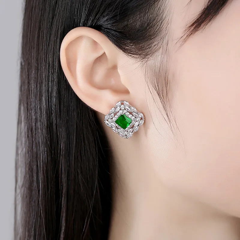 

FXLRY Elegant Green Cubic Zircon Crystal Stud Earrings for Women Girls Fashion Dating Party Jewellery