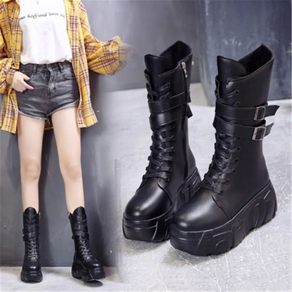 

Новинка; Зимние женские водонепроницаемые сапоги до середины икры с пряжкой; Кожаные сапоги на массивной платформе; Женская модная обувь на...