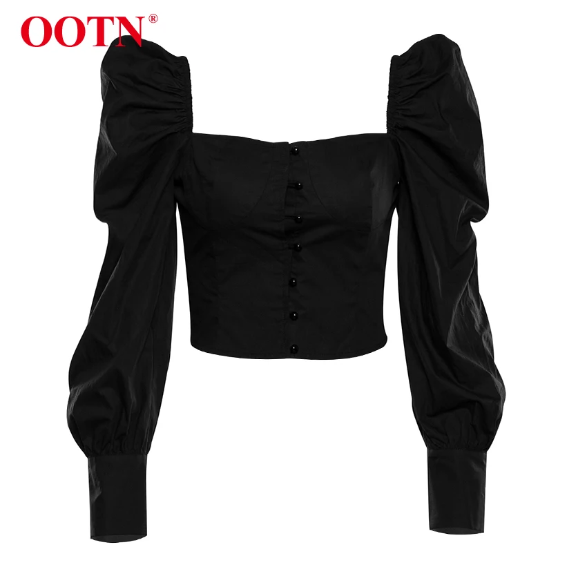 OOTN однобортный сексуальный черный укороченный Топ для женщин, с рюшами, с пышными рукавами, с квадратным воротником, блузки, женские осенние повседневные рубашки с длинным рукавом