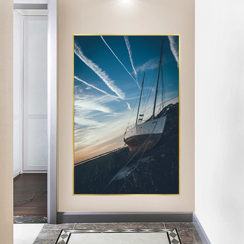 

Rusty Ship Aground Poster Canvas Painting Print Hoom Decor Wall Art Picture for Living Room Home Decoration Frameless