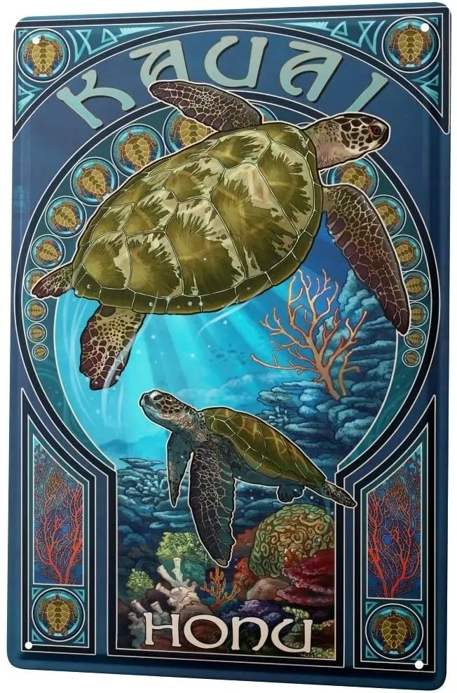 

Tin Plate Holiday Travel Agency Kauai Turtles Boho Decoration Home Metal Flowers Wall Farmhouse Kitchen Rectangle Metal