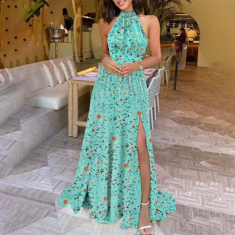 

Женское длинное платье с открытыми плечами, Привлекательное платье с винтажным принтом, модное платье без рукавов с высокой талией и разрез...