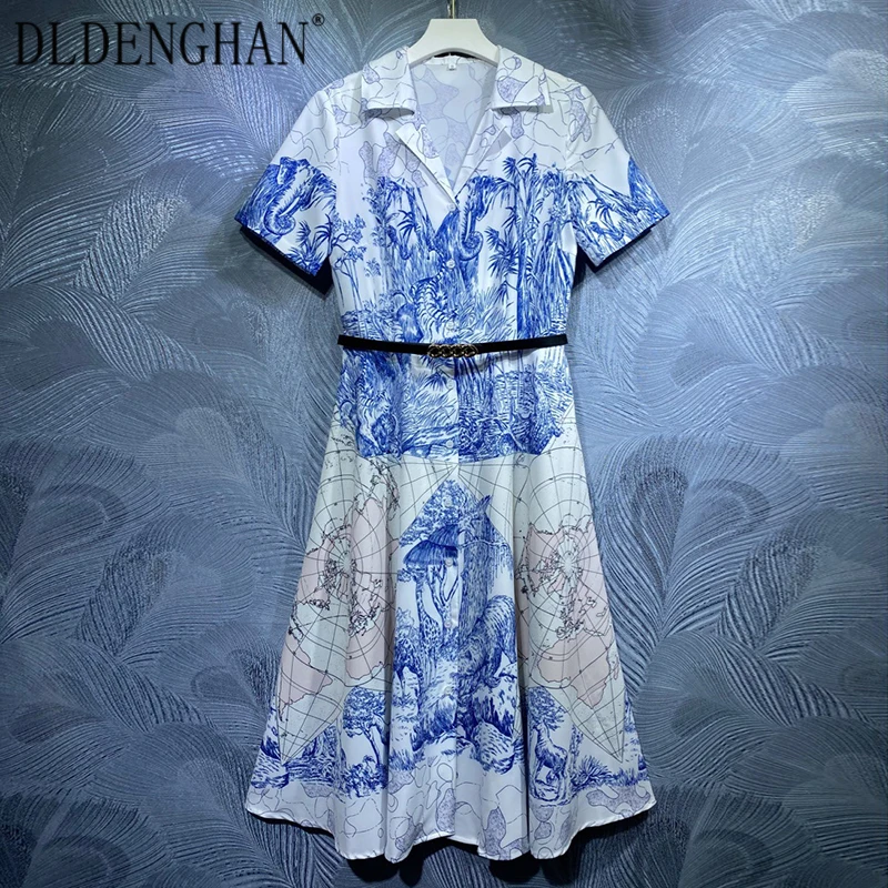 

Модельное дизайнерское летнее платье DLDENGHAN, женское платье с отложным воротником и коротким рукавом, однобортное Платье с принтом и поясом