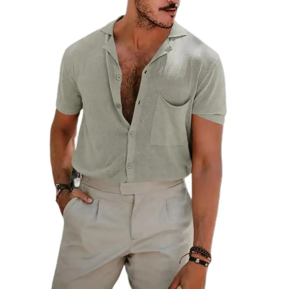 

Short Sleeve Casual Shirt Turn-down Collar Loose Buttons Closure Solid Color Summer Shirt Men Clothing