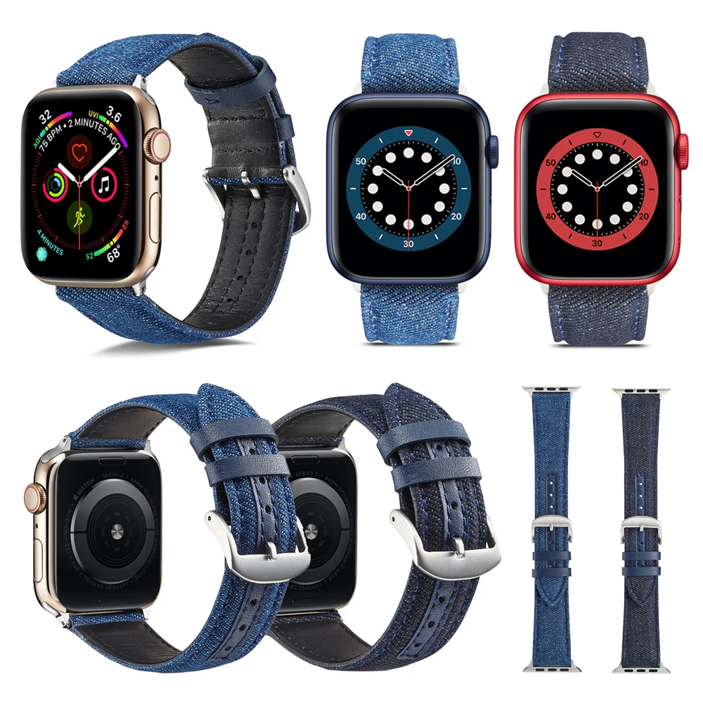 Джинсовый ремешок для часов apple watch series 6 SE iWatch 44 мм 40 42 38 браслет синий джинсовый |