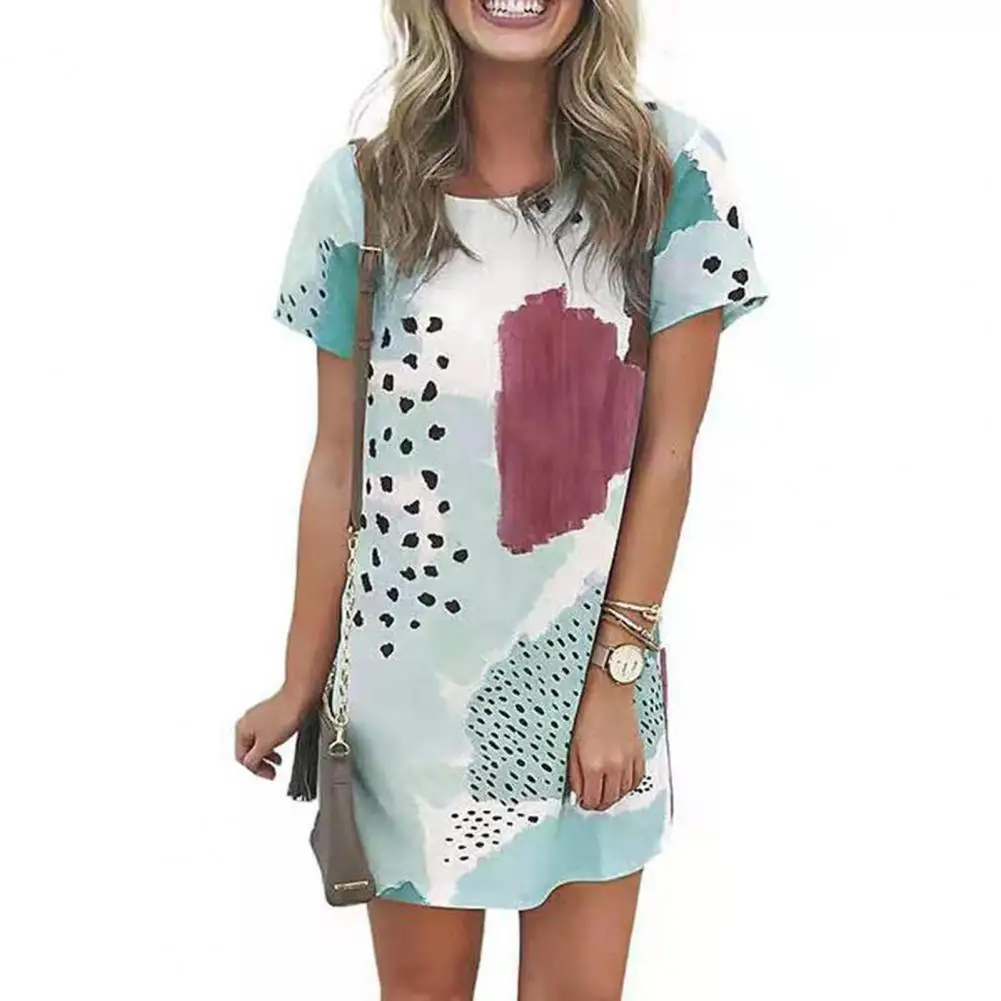 

80% Dropshipping!!Women Dress Leopard Print Contrast Color Summer Round Neck Short Sleeve Dress for Dating