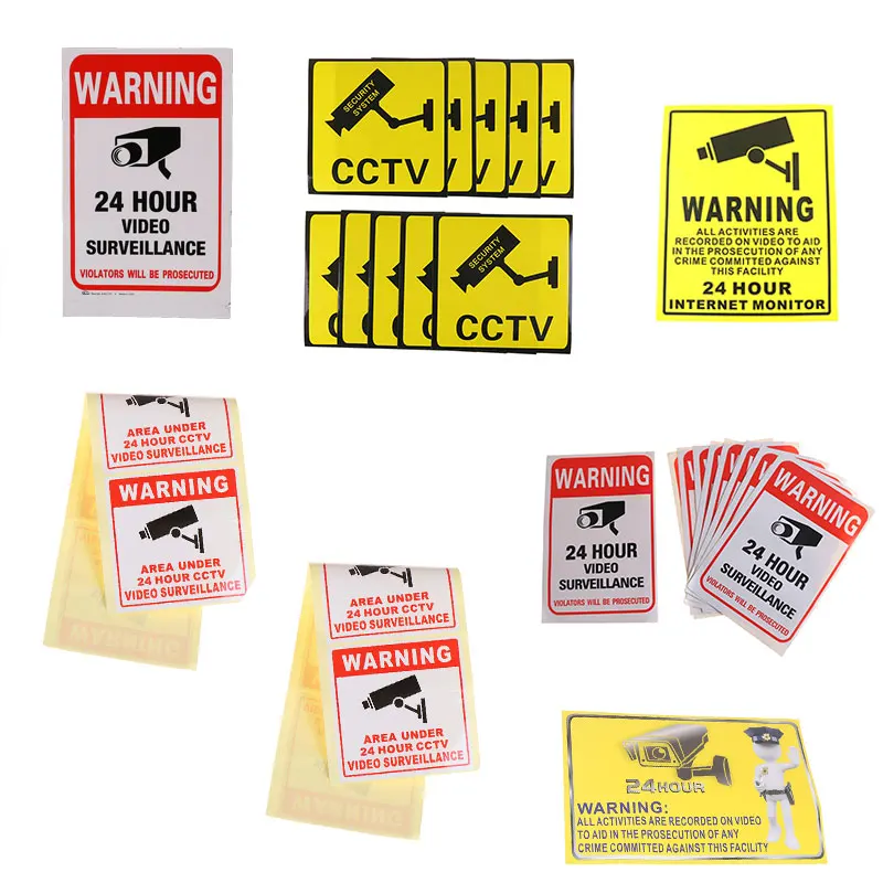 New 1/2/5/10Pcs Wall Sticker 24H Video Camera System Warning Sign Decal Surveillance Monitor Public Area Security - купить по
