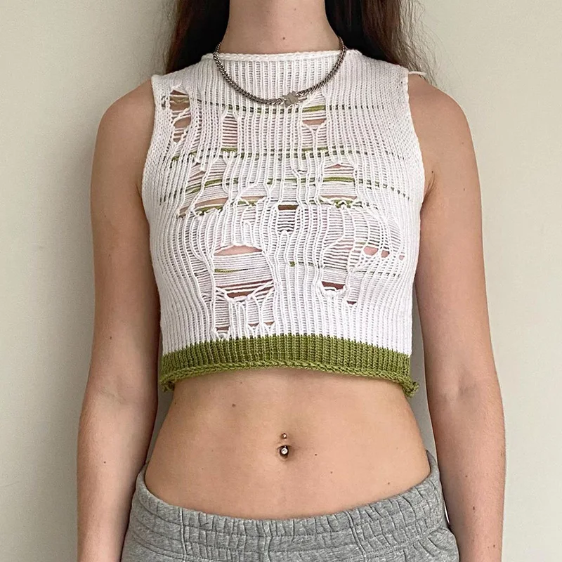 

AIIOU Gothic Sexy Punk Y2K Vintage Tank Top Women Crop Top 2021 Summer Sleeveless Patchwork Casual Hollow Out Knitted Tee Top