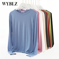 wyblz casual slim t shirt for women o neck simplicity long sleeve elegant top female pure color wild pullover clothing 2021