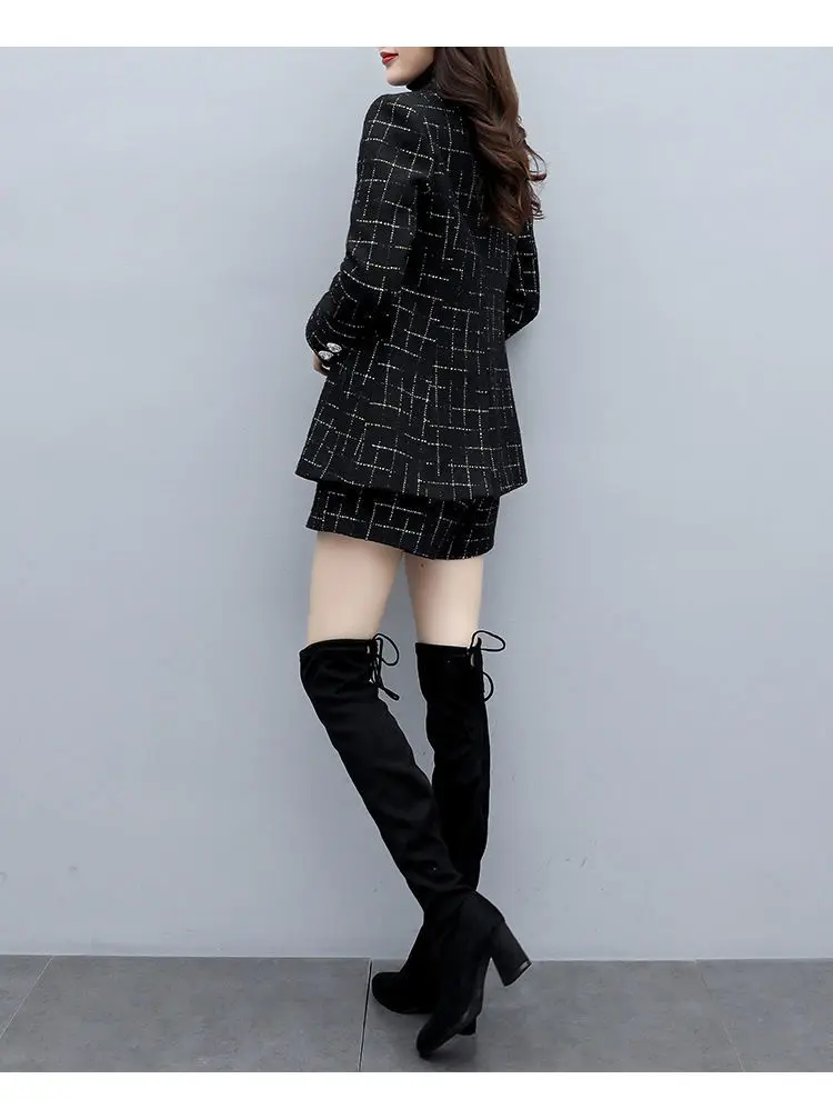 

Women 2021Autumn Winter New Two-piece Korean Of The Thick Plaid Small Suit Jacket Shorts Fashion Small Fragrance Button SuitC628