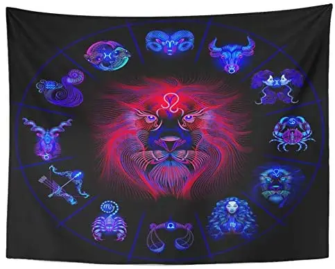 Lion Neon Horoscope Circle with Signs of Zodiac Astrology Leo Pisces Cancer Sun Table Cover