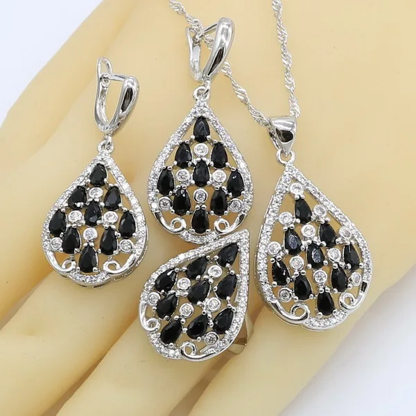 Black White Zircon 925 Silver Wedding Jewelry Sets for Women with Bracelet Earrings Necklace Pendant Ring Gift Box - Окраска металла: 3pcs No bracelet