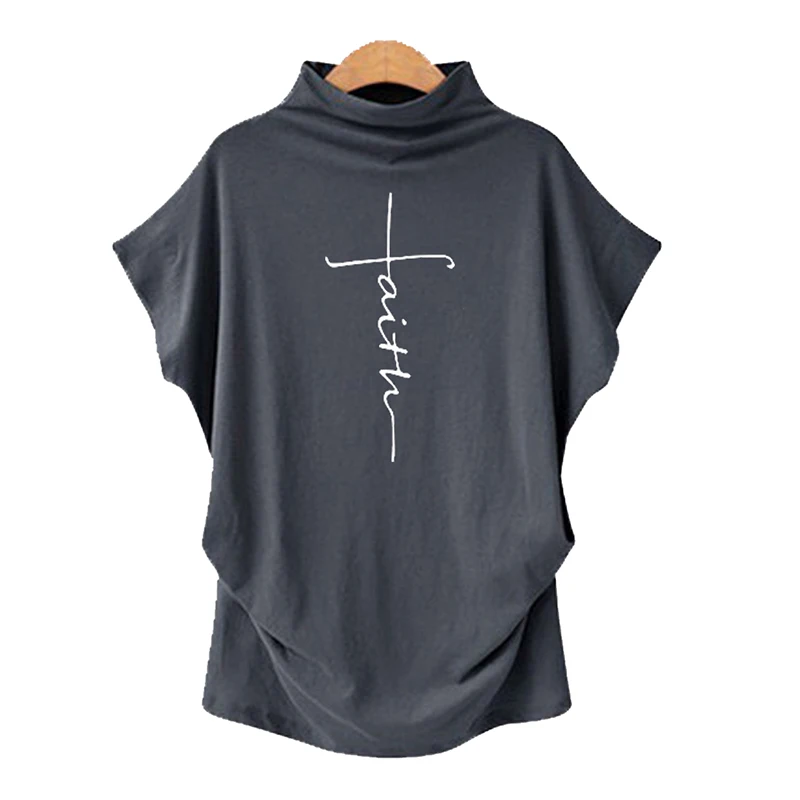 

2021 Summer Plus Size T-shirt Women Short Sleeve Stand Collar Faith Cross Print Ladies Street Wear Oversize T Shirt Tops