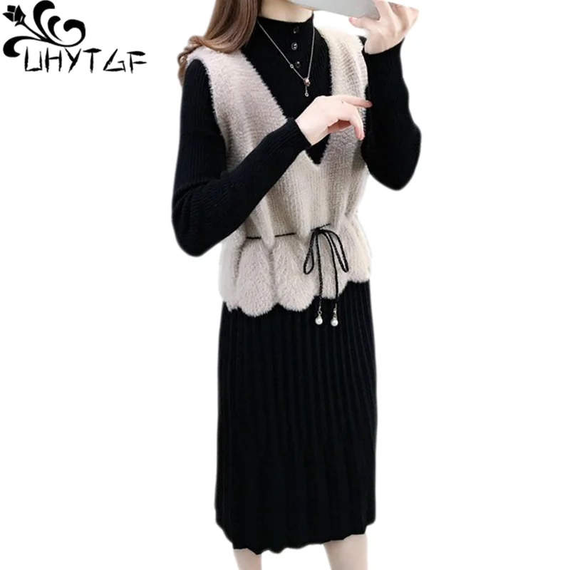 

UHYTGF Mink Fleece Sweater Vests Autumn Winter Sets Women Long-Sleeved Knitted Dress+Waistcoat Casual Two-Piece Suit Female 1526