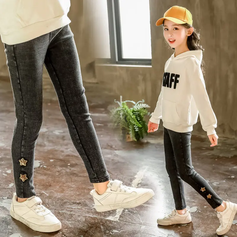 Винтажные детские джинсы из флиса со звездами и блестками для девочек Детские