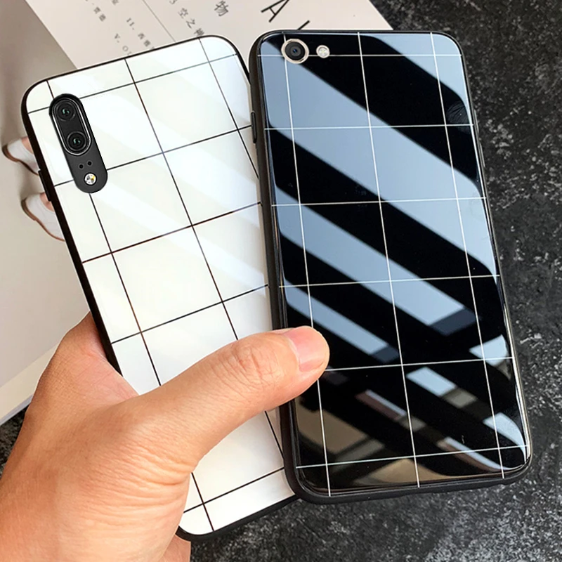 

For Samsung Galaxy A60 A70 A80 A90 Case Free strap Lattice Line Glossy Hard Glass Cover For Samsung A60 A70 A80 A90 phone Casing