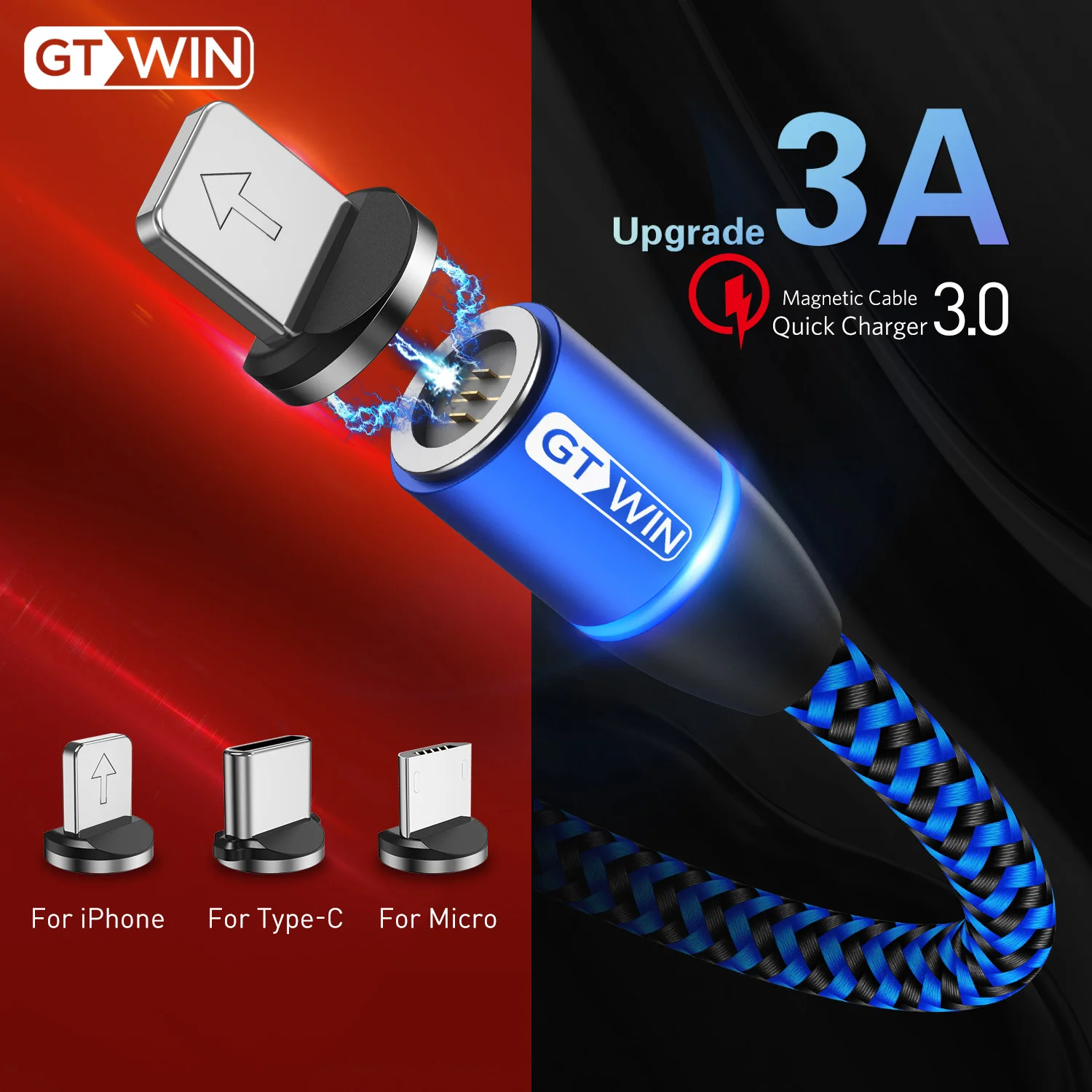 

GTWIN QC3.0 LED Magnetic Cable Super Fast Charging 360° Rotatable Plug Support Data Transmission for iPhone Samsung Xiaomi Vivo