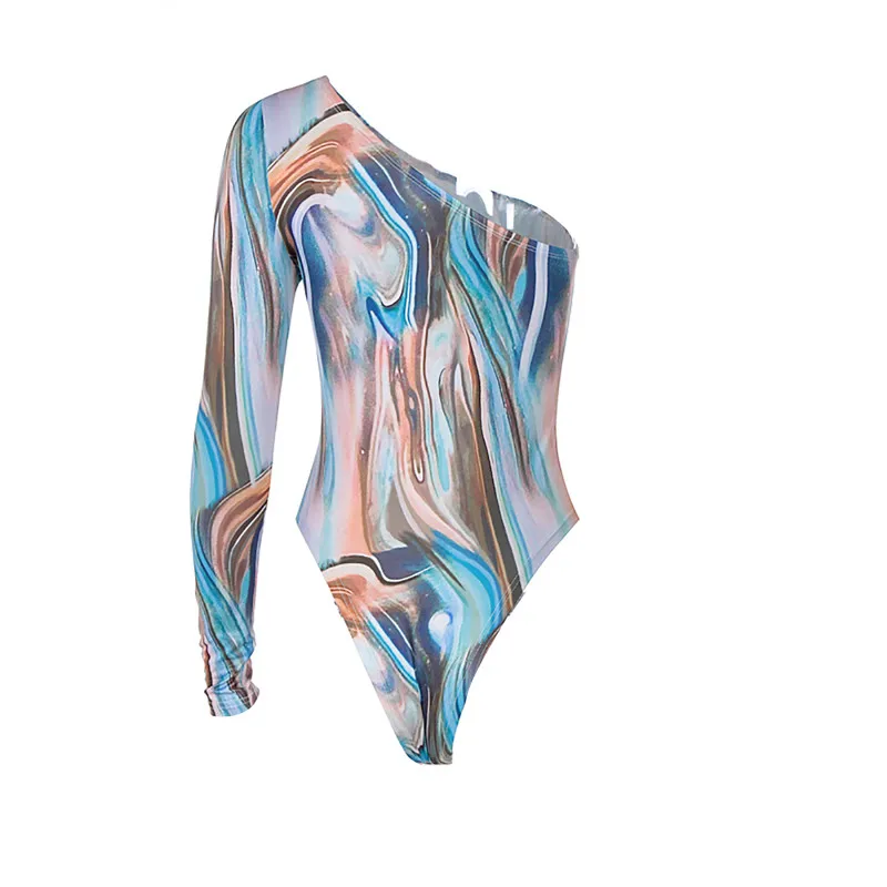 

Womens Fashion Long-sleeved Bodysuit Irregular Printing One-shoulder Diagonal Collar Jumpsuit Casual High Waist Bodysuit