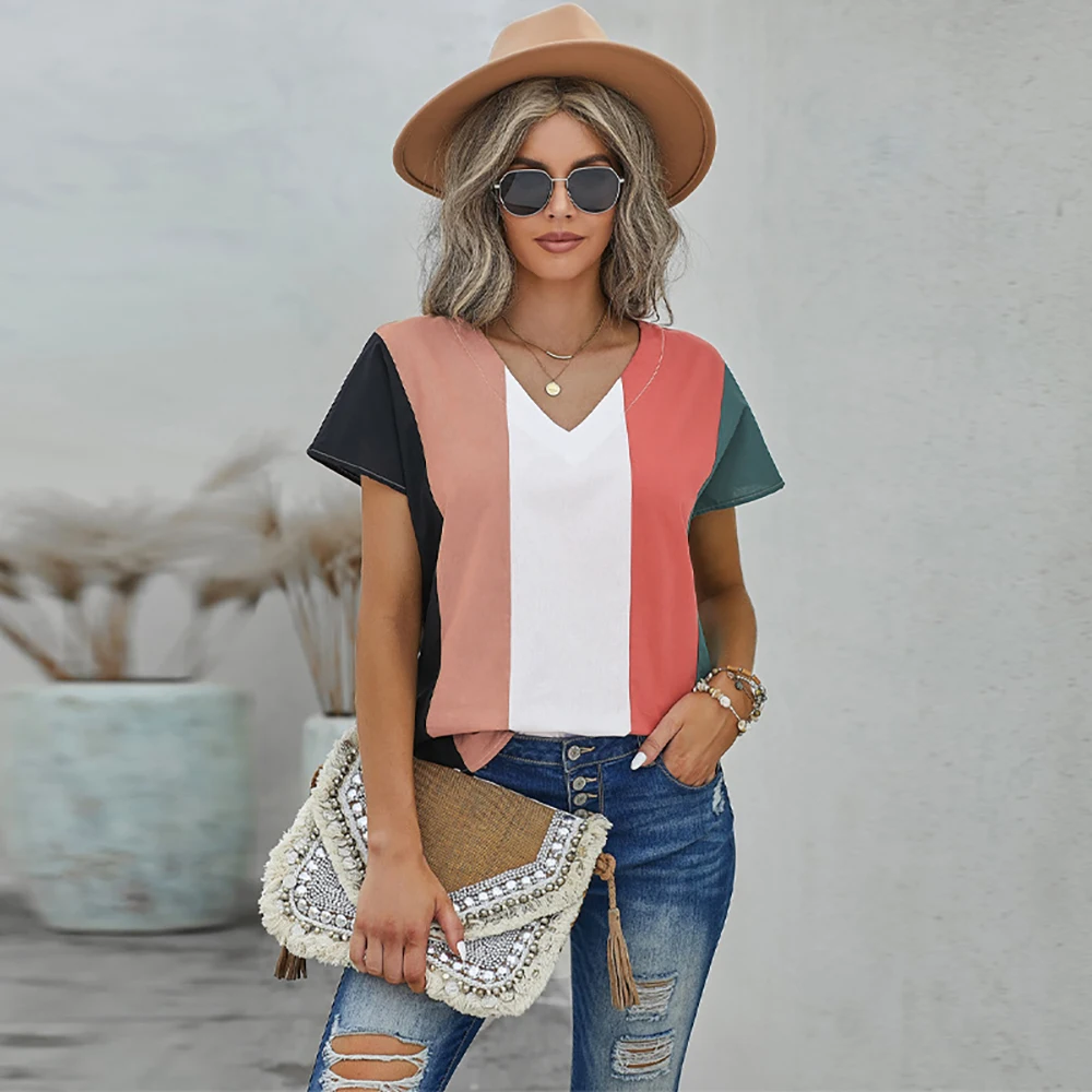 

2021 Fashion Vintage Loose Casual Elegant Summer Striped Printed Short-sleeved Top V-neck Women's T-shirt Female Clothing