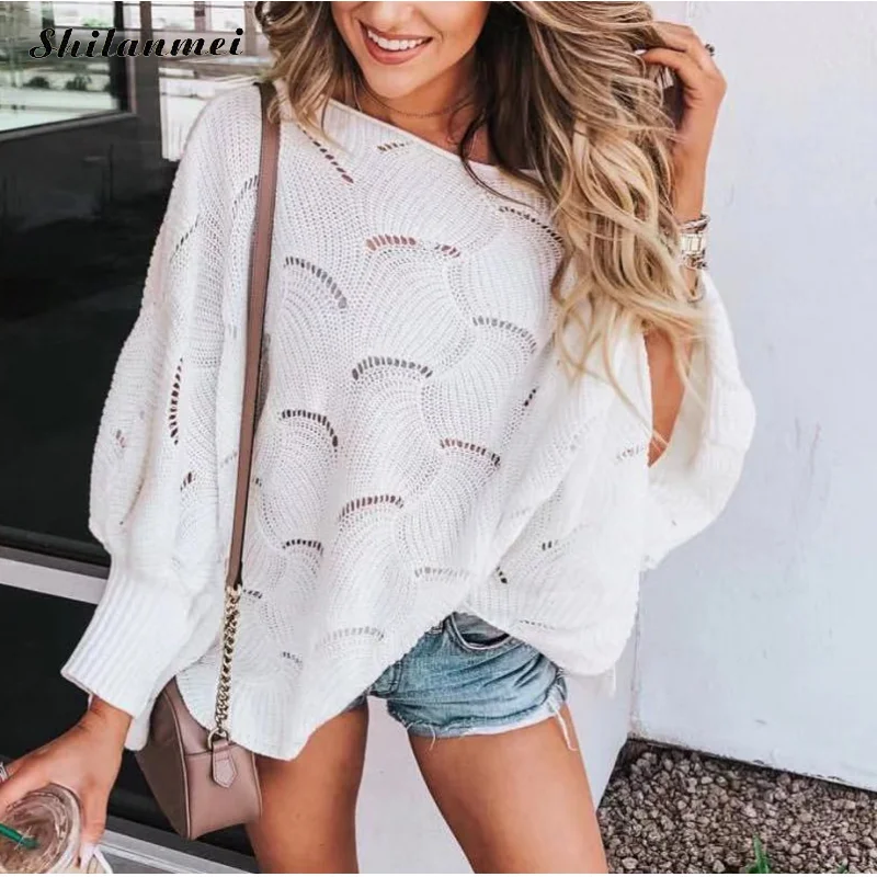 

Sexy Autumn Off Shoulder Sweater Women Solid Hollow Loose Knitted Sweaters Women Batwing Sleeve Pullover Female Streetwear Tops