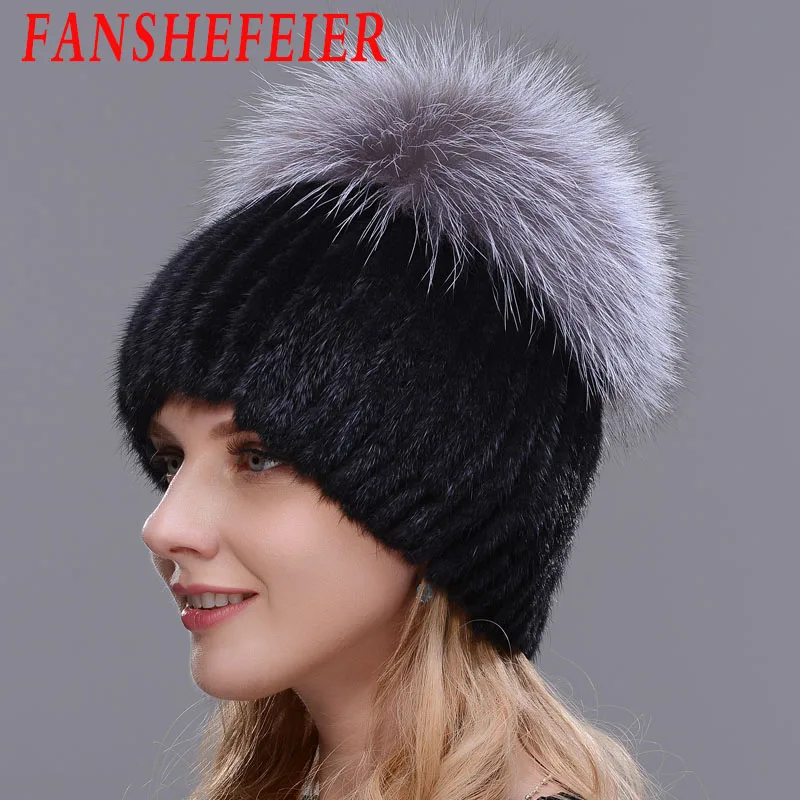FANSHEFEIER женская меховая шапка зимняя натуральная норковая шапка с меховым помпоном из серебра лисы вязаные шапочки шапка новая распродажа меховые шапки