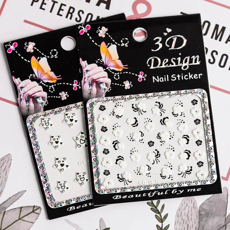 

12pc Black White Heart Bowknot Flower Design 3D Nail Sticker Set Transfer Stickers for Nails Sexy Girl Self-adhensive Slider Tip