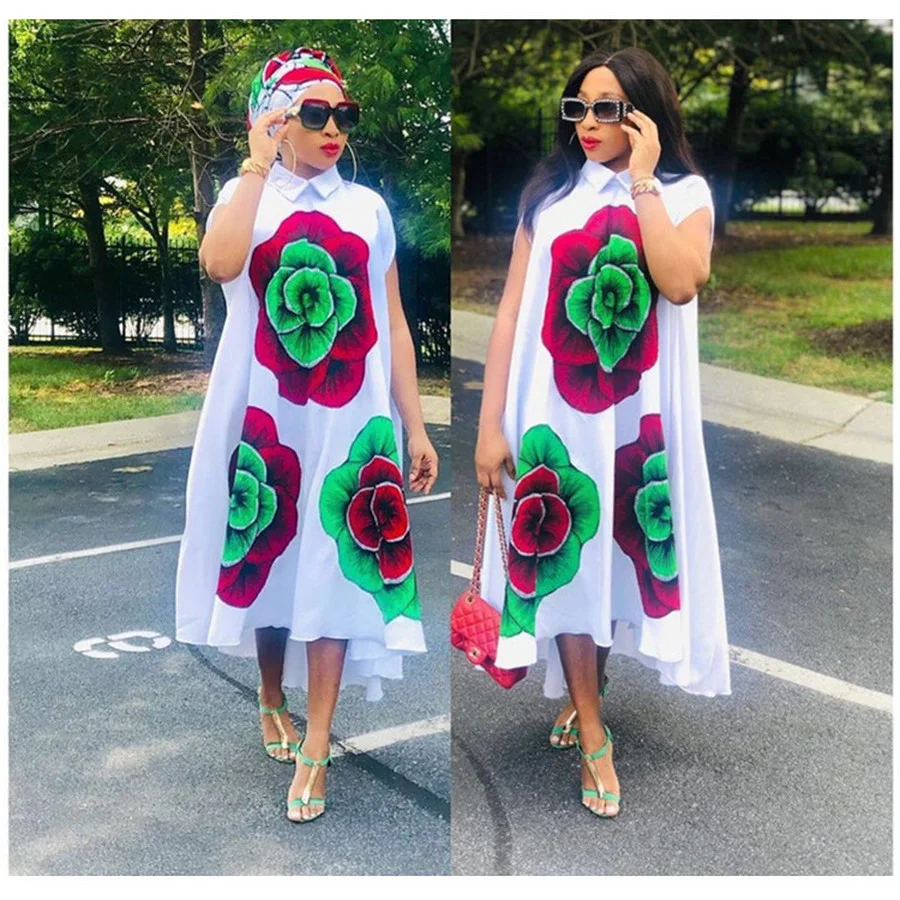 

Women's Plus Size Dresses Lapels Irregular Geometric Printed Madam High Waist African Quality Holiday Ankle-length Dress