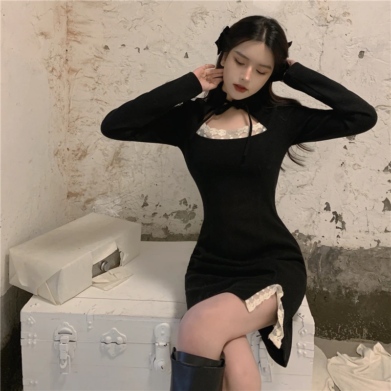 

Sexy Goth Dress Women Black Patchwork Lolita Party Mini Dress Female High Street Japanese Korean Kawaii Dress Women 2021 Spring