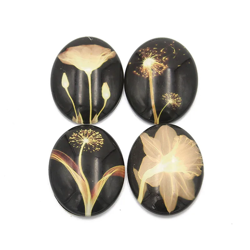 

6pcs 18*25mm Mix Night Black Sky Fiowers Glass Pattern Oval Cabochon Dome Flat Back DIY Jewelry Making Materials