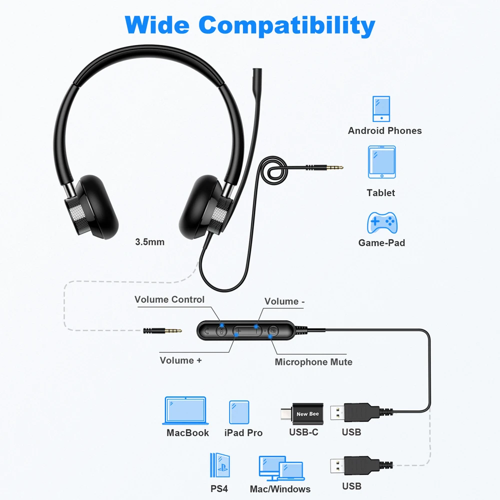 New Bee USB Headset with Rotatable Microphone for PC 3.5mm Business Headphones Mic Mute Noise Cancelling Call Center | Электроника