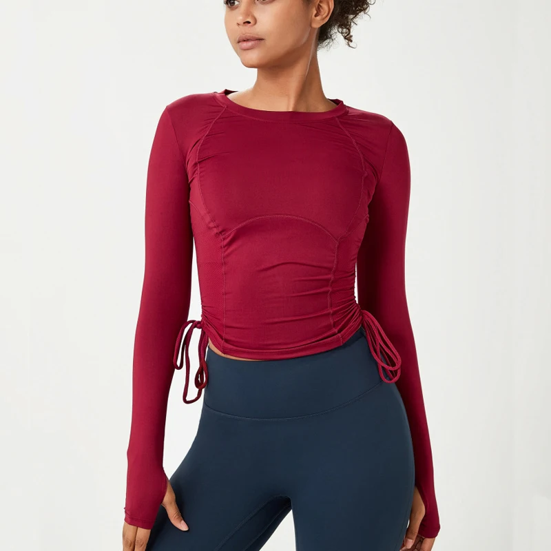 

Women Yoga Shirt Tight-Fitting Waist Drawstring Sports Top Long Sleeve Fitness Shirt With Thumb Hole Female Workout Clothing
