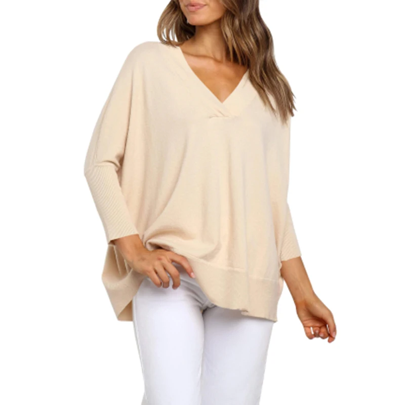 

2020 Autumn and Winter Knitted V-neck Sweater Solid Color Women's Long-sleeved Warm Sweater Loose Casual Ladies All-match Top