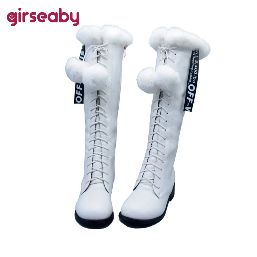 

Girseaby 2021 Princess Ladies Knee High Boots Fur Ball Lolita Zip Lace Up Short Plush Round Toe Square Heel US13 White A4503