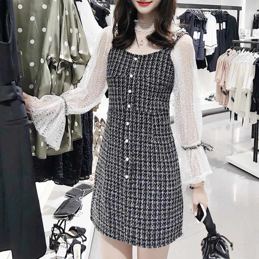 Two Pieces Set Mesh Tops Spaghetti Strap Dress Sexy Lantern Sleeve Mini Vest Dresses Ladies Fashion Elegant Party Dress New
