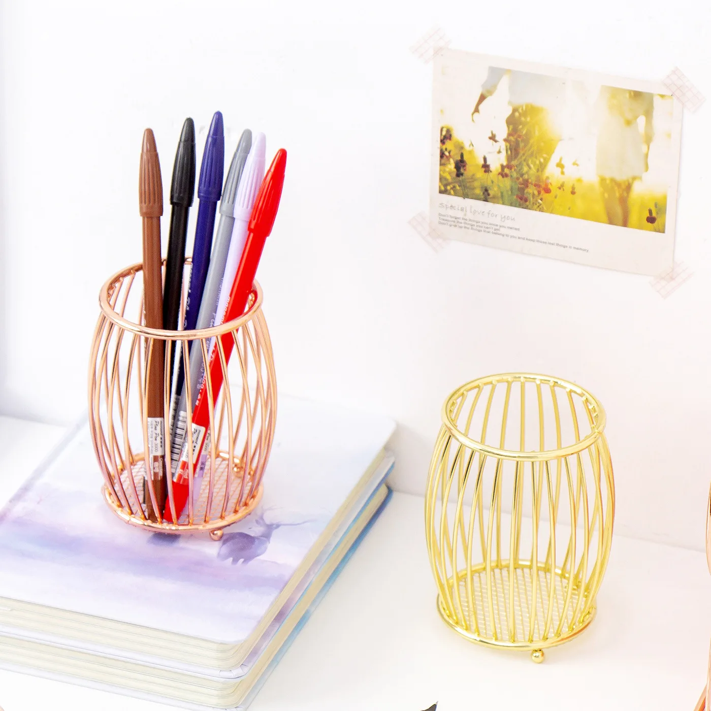 

Desk Organizer Storage Accessories Makeup Brush Stand for Pens Pencil Pot Marker Pen Holder Rose Gold Stationery Container