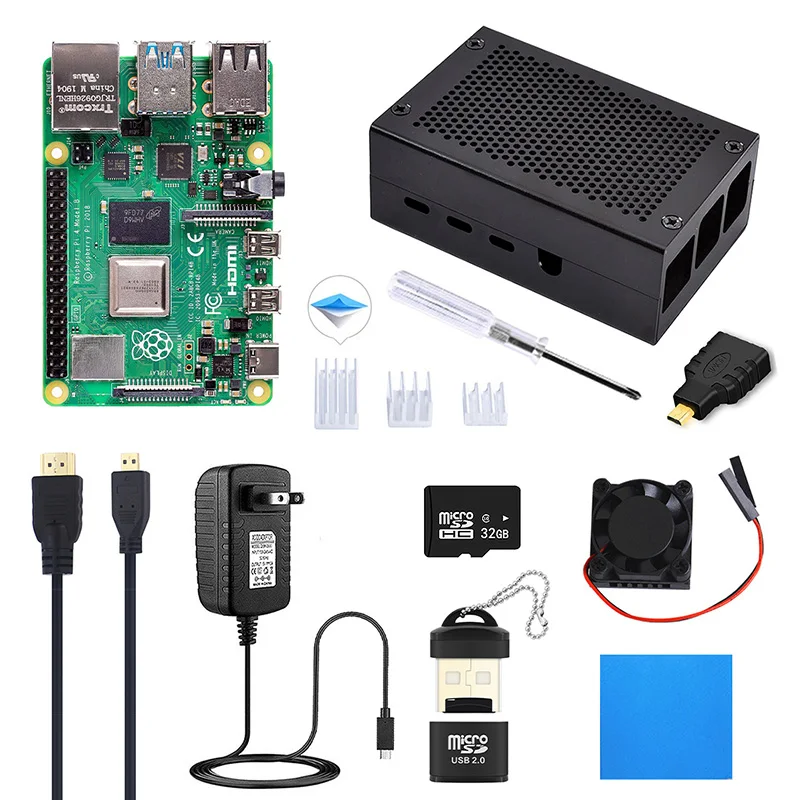 4 ГБ ОЗУ Raspberry Pi 4 Модель B DIY комплект Pi 4B с охлаждающим вентилятором+ теплоотвод+ адаптер питания+ чехол+ 32 ГБ Micro SD+ кабель HDMI