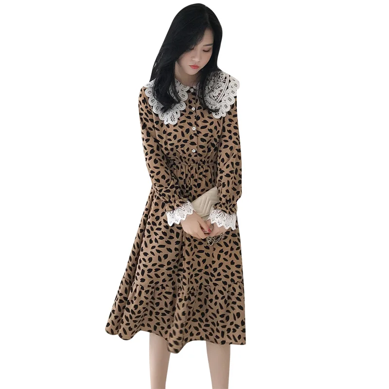 

Women chiffon dress 2020 autumn winter female vintage long sleeve peter pan collar pleated dress loose a-line casual dresses